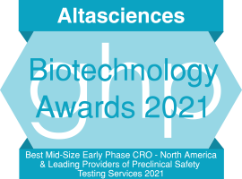 A blue hexagon with writing over top announcing Altasciences as a winner of two awards from the Biotechnology Awards 2021